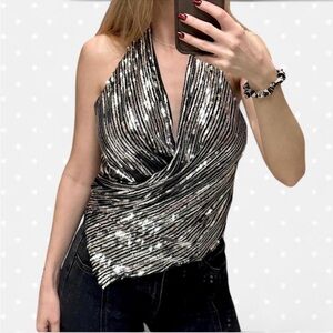 Zara Black and Silver Sequin Halter Top